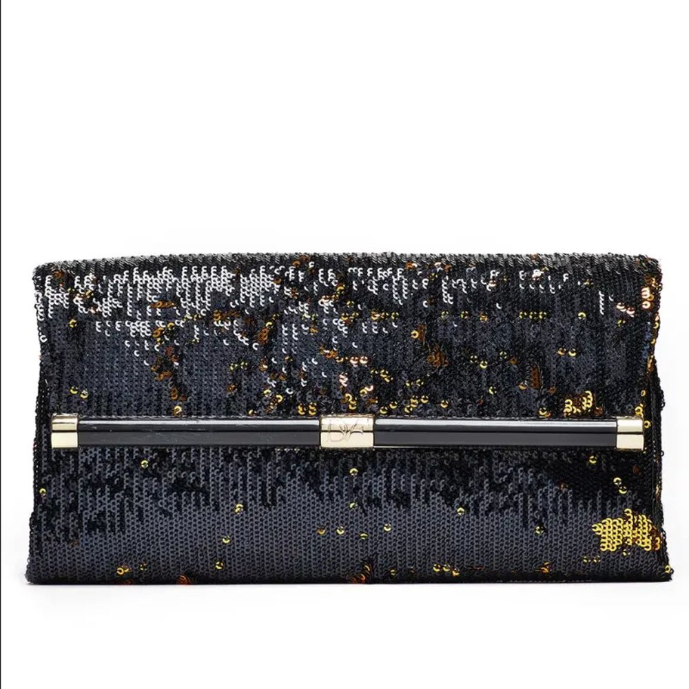 DVF Diane Von Furstenberg Black Gold Sequin Evening Clutch Bag Envelope Purse